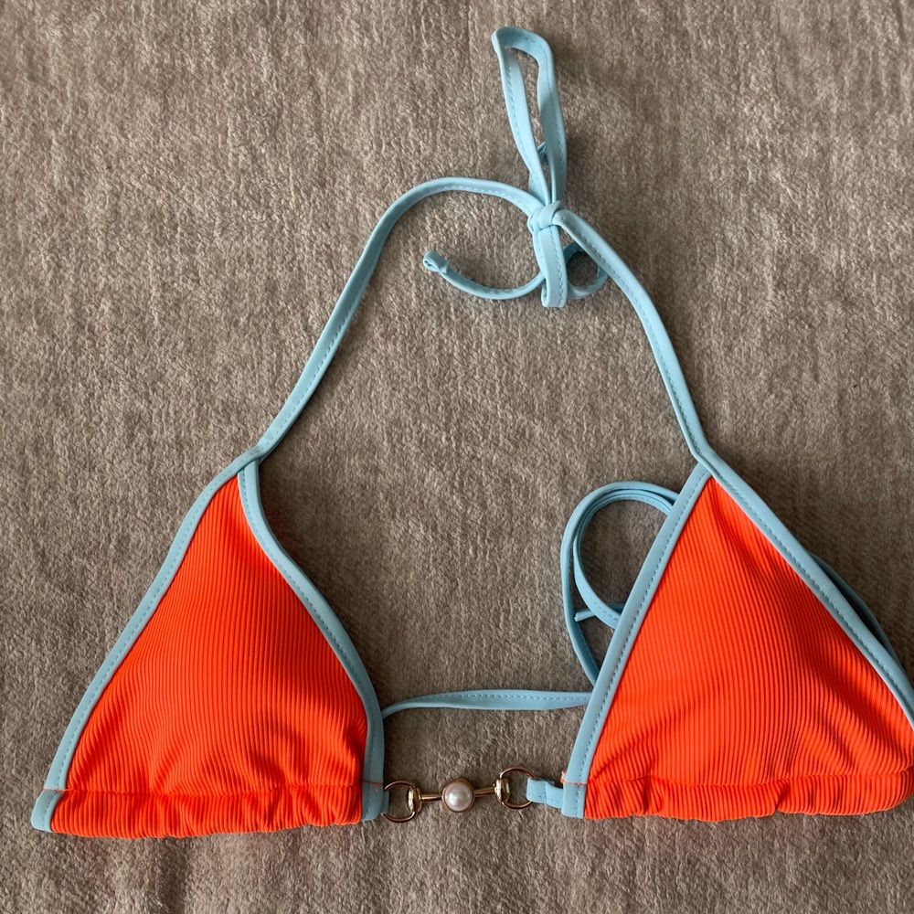 shein orange w blue trim bikini top with pearl